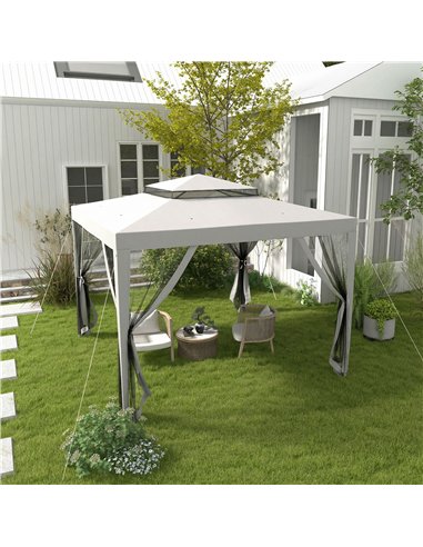 Outsunny 3 x 3 m Gazebo, Netting Party Tent, Patio Canopy Outdoor Event Shelter with Double Tier Roof, Light Grey