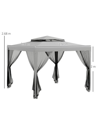 Outsunny 3 x 3 m Gazebo, Netting Party Tent, Patio Canopy Outdoor Event Shelter with Double Tier Roof, Light Grey