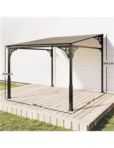 Outsunny 3 x 2.87 m Metal Lean-to Pergola, Wall-Mounted Hardtop Garden Pergola with Polycarbonate Roof and Metal-Aluminium Frame