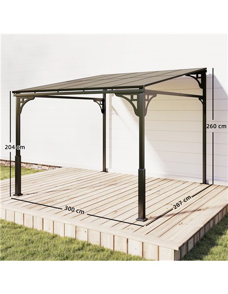Outsunny 3 x 2.87 m Metal Lean-to Pergola, Wall-Mounted Hardtop Garden Pergola with Polycarbonate Roof and Metal-Aluminium Frame - pic 185470 | FastDaddyshop