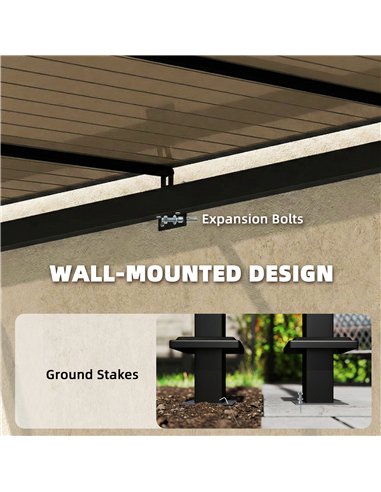 Outsunny 3 x 2.87 m Metal Lean-to Pergola, Wall-Mounted Hardtop Garden Pergola with Polycarbonate Roof and Metal-Aluminium Frame