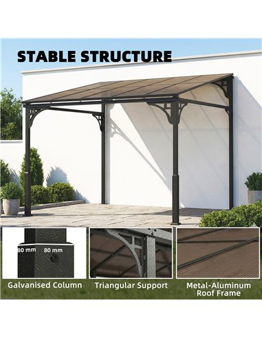 Outsunny 3 x 2.87 m Metal Lean-to Pergola, Wall-Mounted Hardtop Garden Pergola with Polycarbonate Roof and Metal-Aluminium Frame