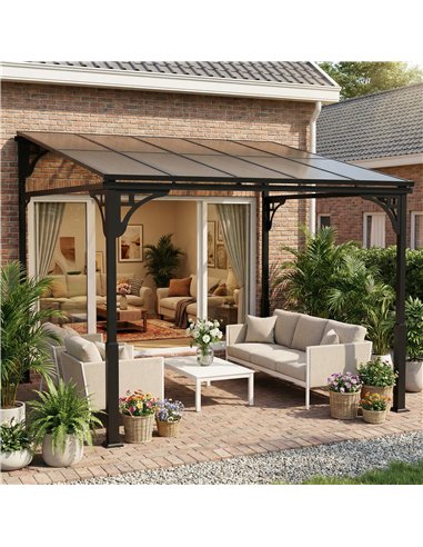 Outsunny 3 x 2.87 m Metal Lean-to Pergola, Wall-Mounted Hardtop Garden Pergola with Polycarbonate Roof and Metal-Aluminium Frame