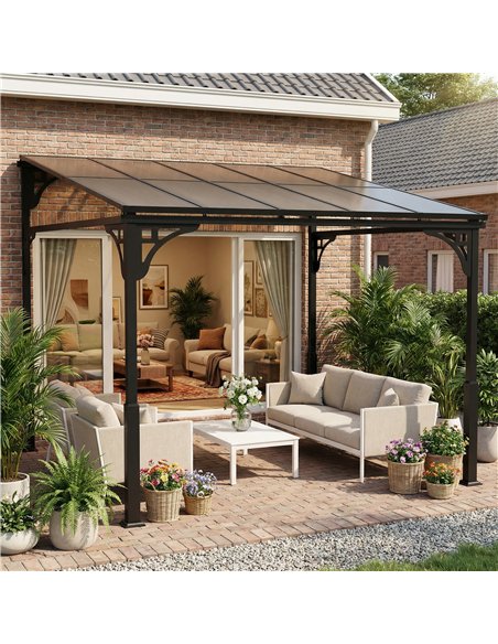 Outsunny 3 x 2.87 m Metal Lean-to Pergola, Wall-Mounted Hardtop Garden Pergola with Polycarbonate Roof and Metal-Aluminium Frame - pic 185475 | FastDaddyshop