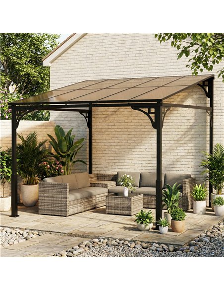 Outsunny 3 x 2.87 m Metal Lean-to Pergola, Wall-Mounted Hardtop Garden Pergola with Polycarbonate Roof and Metal-Aluminium Frame - pic 185476 | FastDaddyshop