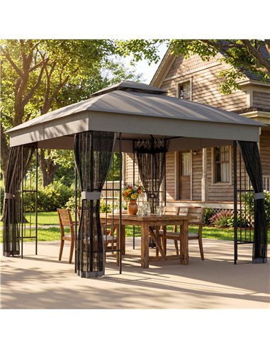 Outsunny 3 x 3 m Outdoor Garden Gazebo with Post Shelves, UPF50+ Double Roof Patio Permanent Pavilion, Grey