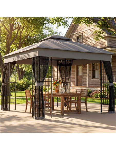Outsunny 3 x 3 m Outdoor Garden Gazebo with Post Shelves, UPF50+ Double Roof Patio Permanent Pavilion, Grey - pic 185478 | FastDaddyshop
