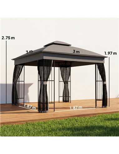 Outsunny 3 x 3 m Outdoor Garden Gazebo with Post Shelves, UPF50+ Double Roof Patio Permanent Pavilion, Grey
