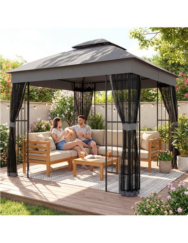 Outsunny 3 x 3 m Outdoor Garden Gazebo with Post Shelves, UPF50+ Double Roof Patio Permanent Pavilion, Grey
