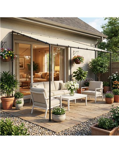 Outsunny 3 x 2 m Lean to Garden Pergola, Metal Frame Gazebo Pergola with UPF30+ Protection, Sloped Roof, Drainage Holes, Cream