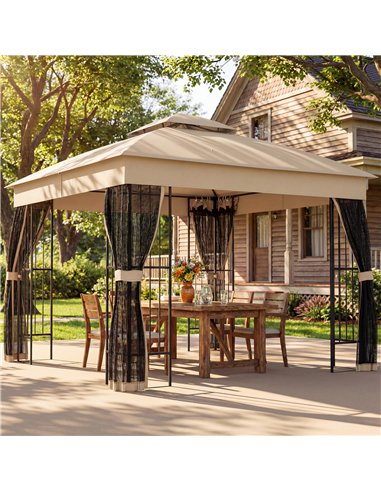Outsunny 3 x 3 m Outdoor Garden Gazebo with Post Shelves, UPF50+ Double Roof Patio Permanent Pavilion, Brown