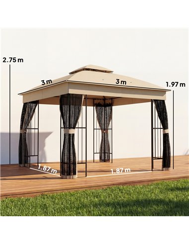 Outsunny 3 x 3 m Outdoor Garden Gazebo with Post Shelves, UPF50+ Double Roof Patio Permanent Pavilion, Brown