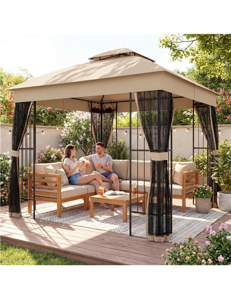 Outsunny 3 x 3 m Outdoor Garden Gazebo with Post Shelves, UPF50+ Double Roof Patio Permanent Pavilion, Brown - pic 185521 | FastDaddyshop