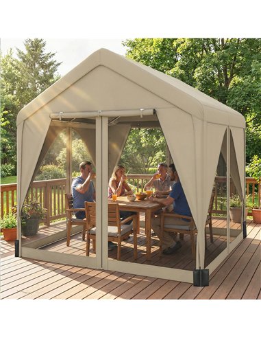 Outsunny 3 x 3 m Patio Gazebo with Netting & Curtains, Outdoor Canopy Shelter with Galvanised Steel Frame, Khaki