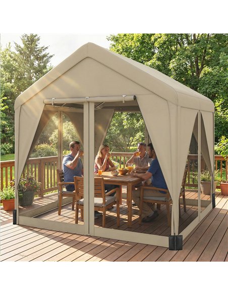 Outsunny 3 x 3 m Patio Gazebo with Netting & Curtains, Outdoor Canopy Shelter with Galvanised Steel Frame, Khaki - pic 185530 | FastDaddyshop