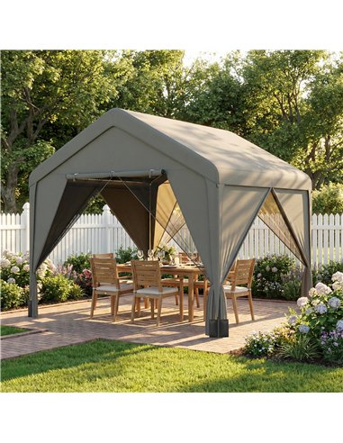 Outsunny 3 x 3 m Patio Gazebo with Netting & Curtains, Outdoor Canopy Shelter with Galvanised Steel Frame, Dark Grey