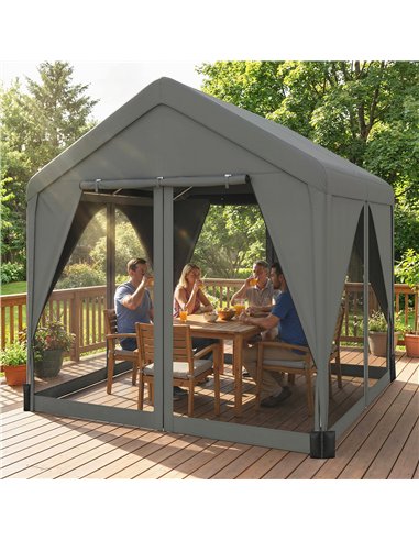 Outsunny 3 x 3 m Patio Gazebo with Netting & Curtains, Outdoor Canopy Shelter with Galvanised Steel Frame, Dark Grey