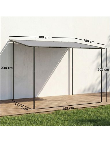 Outsunny 3 x 2 m Lean to Garden Pergola, Metal Frame Gazebo Pergola with UPF30+ Protection, Sloped Roof, Drainage Holes, Grey