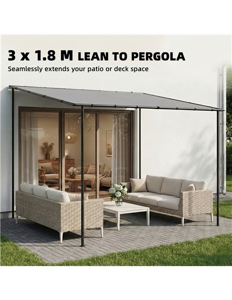Outsunny 3 x 2 m Lean to Garden Pergola, Metal Frame Gazebo Pergola with UPF30+ Protection, Sloped Roof, Drainage Holes, Grey - pic 185579 | FastDaddyshop