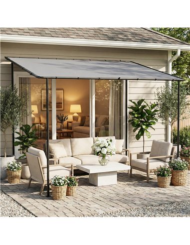 Outsunny 3 x 2 m Lean to Garden Pergola, Metal Frame Gazebo Pergola with UPF30+ Protection, Sloped Roof, Drainage Holes, Grey