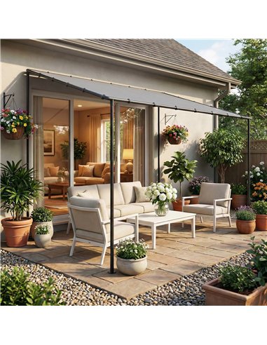 Outsunny 3 x 2 m Lean to Garden Pergola, Metal Frame Gazebo Pergola with UPF30+ Protection, Sloped Roof, Drainage Holes, Grey