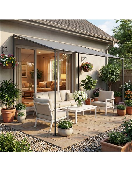 Outsunny 3 x 2 m Lean to Garden Pergola, Metal Frame Gazebo Pergola with UPF30+ Protection, Sloped Roof, Drainage Holes, Grey - pic 185584 | FastDaddyshop