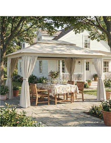 Outsunny 3 x 4 m Outdoor Garden Gazebo with Netting and Curtains, UPF50+ Patio Gazebo Permanent Pavilion Canopy, Beige