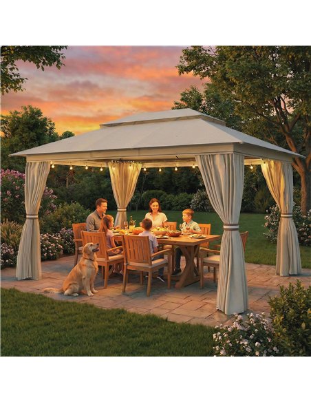 Outsunny 3 x 4 m Outdoor Garden Gazebo with Netting and Curtains, UPF50+ Patio Gazebo Permanent Pavilion Canopy, Beige - pic 185592 | FastDaddyshop