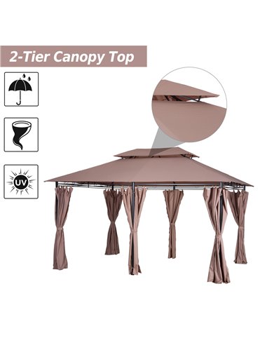 Outsunny 4m x 3(m) Metal Gazebo Canopy Party Tent Garden Pavillion Patio Shelter Pavilion with Curtains Sidewalls Brown