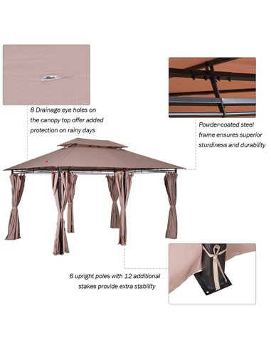 Outsunny 4m x 3(m) Metal Gazebo Canopy Party Tent Garden Pavillion Patio Shelter Pavilion with Curtains Sidewalls Brown