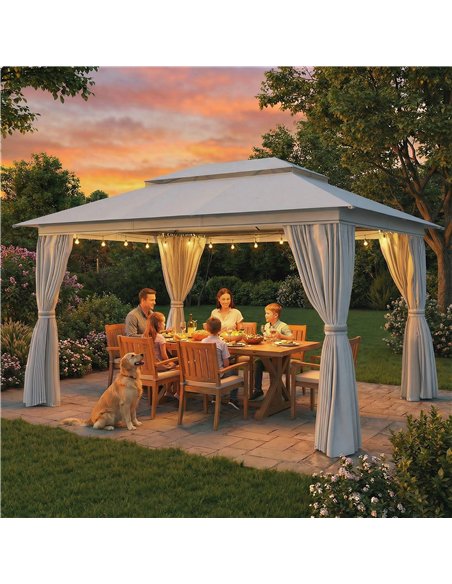 Outsunny 3 x 4 m Outdoor Garden Gazebo with Netting and Curtains, UPF50+ Patio Gazebo Permanent Pavilion Canopy, Dark Grey - pic 185610 | FastDaddyshop