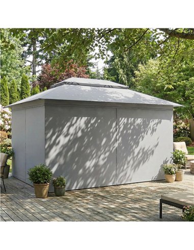 Outsunny 3 x 4 m Outdoor Garden Gazebo with Netting and Curtains, UPF50+ Patio Gazebo Permanent Pavilion Canopy, Dark Grey