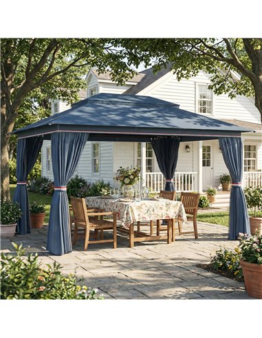 Outsunny 3 x 4 m Outdoor Garden Gazebo with Netting and Curtains, UPF50+ Patio Gazebo Permanent Pavilion Canopy, Dark Blue