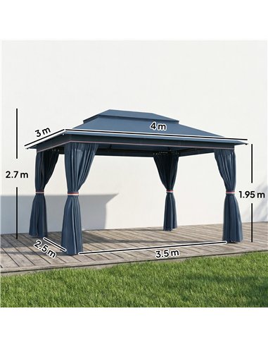 Outsunny 3 x 4 m Outdoor Garden Gazebo with Netting and Curtains, UPF50+ Patio Gazebo Permanent Pavilion Canopy, Dark Blue