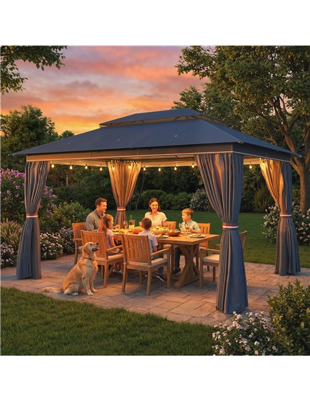 Outsunny 3 x 4 m Outdoor Garden Gazebo with Netting and Curtains, UPF50+ Patio Gazebo Permanent Pavilion Canopy, Dark Blue - pic 185619 | FastDaddyshop