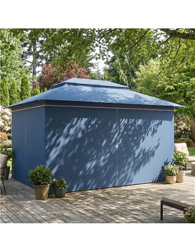 Outsunny 3 x 4 m Outdoor Garden Gazebo with Netting and Curtains, UPF50+ Patio Gazebo Permanent Pavilion Canopy, Dark Blue