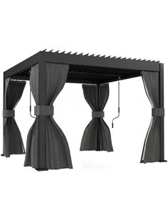 Outsunny 3 x 3 m Louvered Pergola with Adjustable Metal Louvred Roof, Aluminium Patio Gazebo with Netting and Curtains, Dark Gre