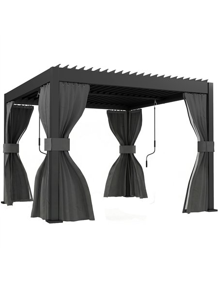 Outsunny 3 x 3 m Louvered Pergola with Adjustable Metal Louvred Roof, Aluminium Patio Gazebo with Netting and Curtains, Dark Gre - pic 185630 | FastDaddyshop