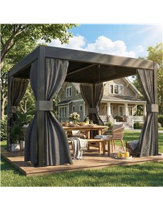 Outsunny 3 x 3 m Louvered Pergola with Adjustable Metal Louvred Roof, Aluminium Patio Gazebo with Netting and Curtains, Dark Gre 2