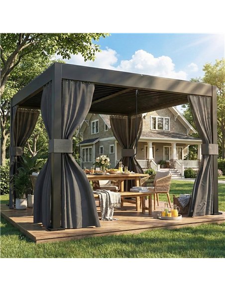 Outsunny 3 x 3 m Louvered Pergola with Adjustable Metal Louvred Roof, Aluminium Patio Gazebo with Netting and Curtains, Dark Gre - pic 185631 | FastDaddyshop
