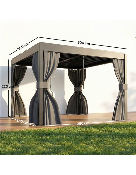 Outsunny 3 x 3 m Louvered Pergola with Adjustable Metal Louvred Roof, Aluminium Patio Gazebo with Netting and Curtains, Dark Gre - pic 185632 | FastDaddyshop