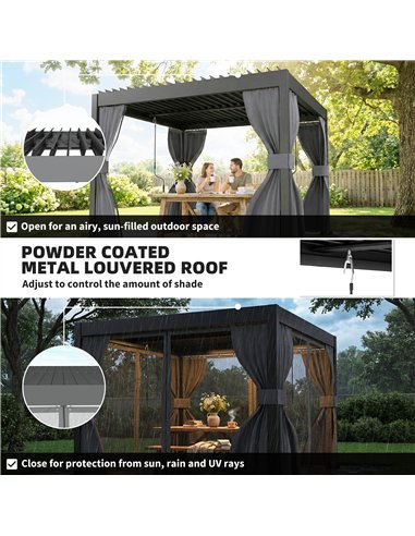Outsunny 3 x 3 m Louvered Pergola with Adjustable Metal Louvred Roof, Aluminium Patio Gazebo with Netting and Curtains, Dark Gre