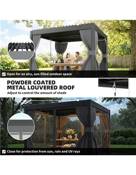 Outsunny 3 x 3 m Louvered Pergola with Adjustable Metal Louvred Roof, Aluminium Patio Gazebo with Netting and Curtains, Dark Gre - pic 185633 | FastDaddyshop