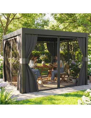 Outsunny 3 x 3 m Louvered Pergola with Adjustable Metal Louvred Roof, Aluminium Patio Gazebo with Netting and Curtains, Dark Gre