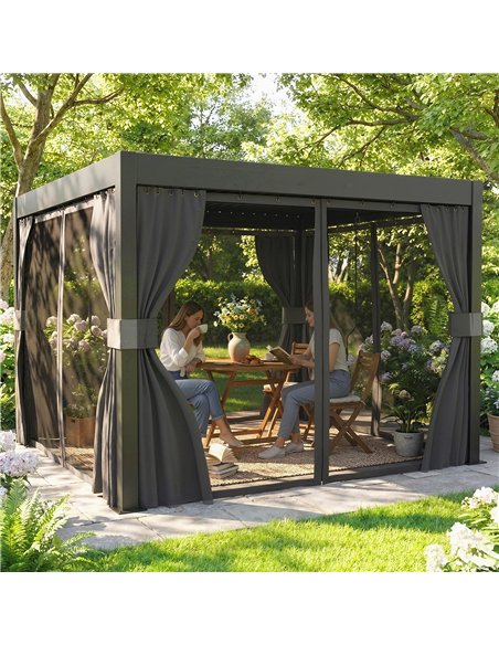 Outsunny 3 x 3 m Louvered Pergola with Adjustable Metal Louvred Roof, Aluminium Patio Gazebo with Netting and Curtains, Dark Gre - pic 185637 | FastDaddyshop