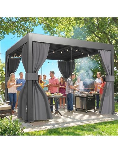 Outsunny 3 x 3 m Louvered Pergola with Adjustable Metal Louvred Roof, Aluminium Patio Gazebo with Netting and Curtains, Dark Gre