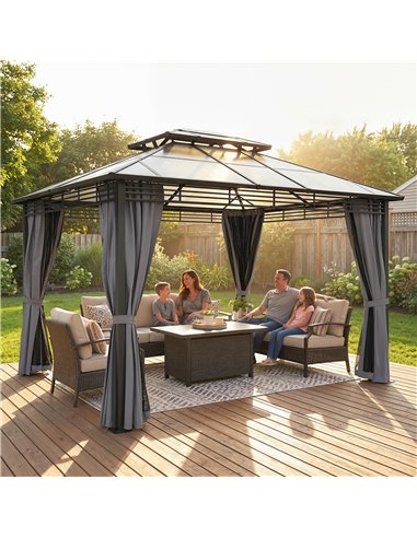 Outsunny 3 x 3.6 m Outdoor Hardtop Gazebo Canopy with 2-Tier Roof, Permanent Pavilion Garden Metal Gazebo with Sides, Dark Grey