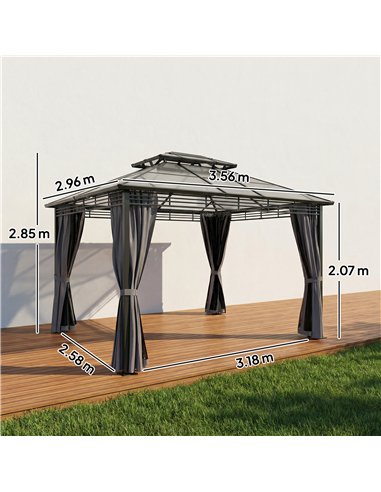 Outsunny 3 x 3.6 m Outdoor Hardtop Gazebo Canopy with 2-Tier Roof, Permanent Pavilion Garden Metal Gazebo with Sides, Dark Grey