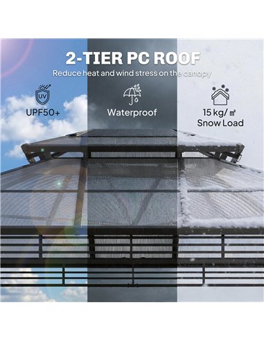 Outsunny 3 x 3.6 m Outdoor Hardtop Gazebo Canopy with 2-Tier Roof, Permanent Pavilion Garden Metal Gazebo with Sides, Dark Grey