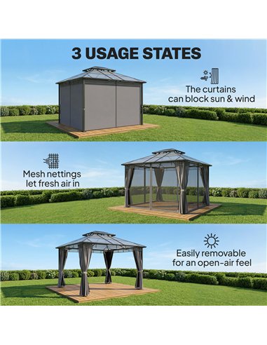Outsunny 3 x 3.6 m Outdoor Hardtop Gazebo Canopy with 2-Tier Roof, Permanent Pavilion Garden Metal Gazebo with Sides, Dark Grey